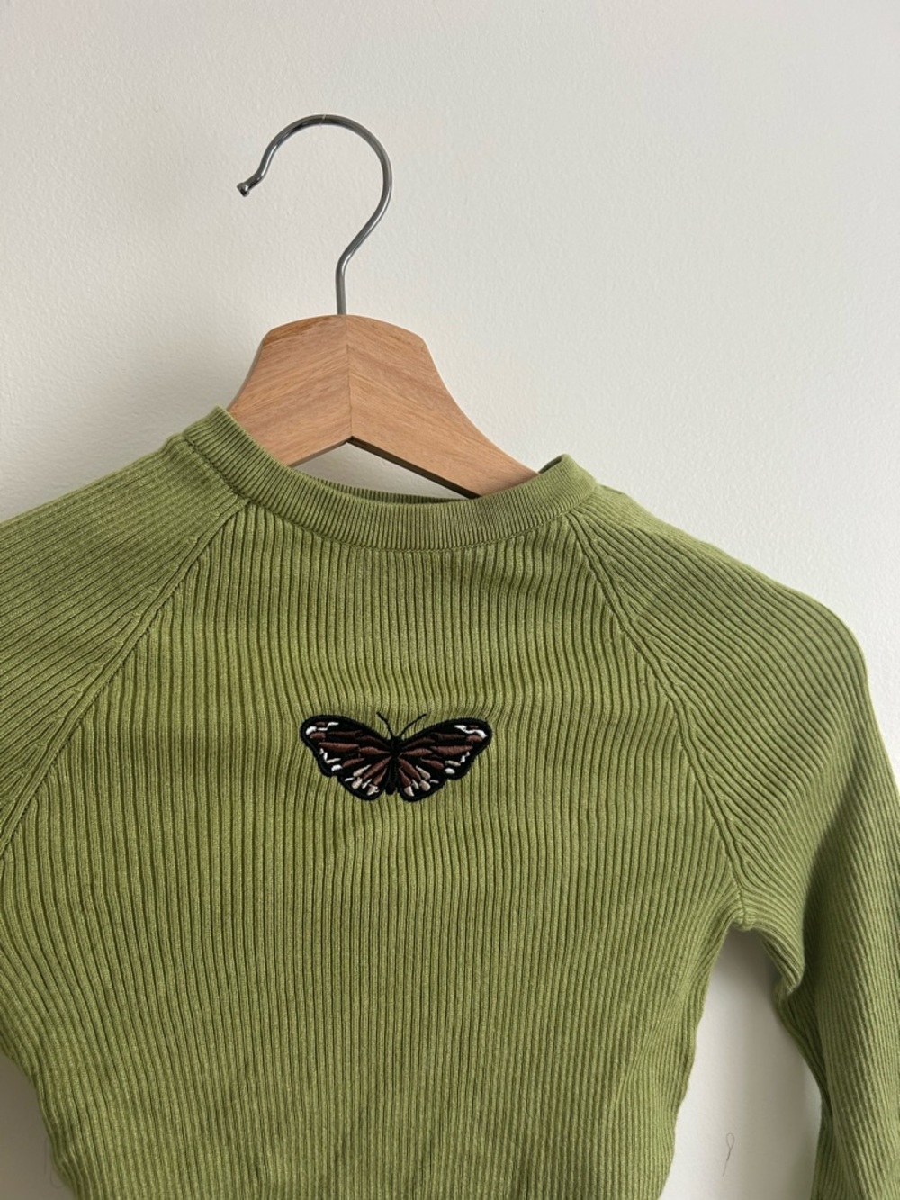 Garage Olive Ribbed Butterfly Crewneck Sweater